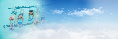 Digital composite of People learning to swim in Swimming pool with sky transitionの写真素材