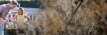Digital composite of Father and daughter at bbq with brown grunge transitionの写真素材