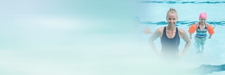 Digital composite of Woman and child in Swimming pool with transition