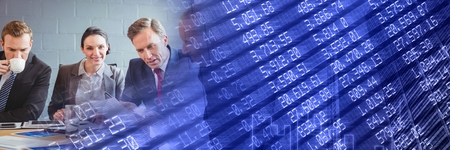 Digital composite of Business meeting with blue  finance graph transition