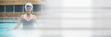 Digital composite of Old woman in Swimming pool with transitionの写真素材