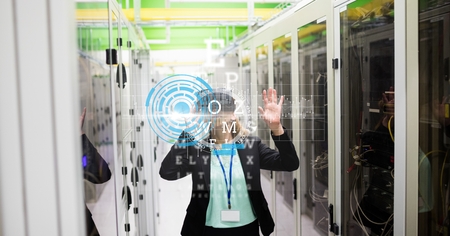Digital composite of Businesswoman wearing VR glasses with virtual screen in foreground