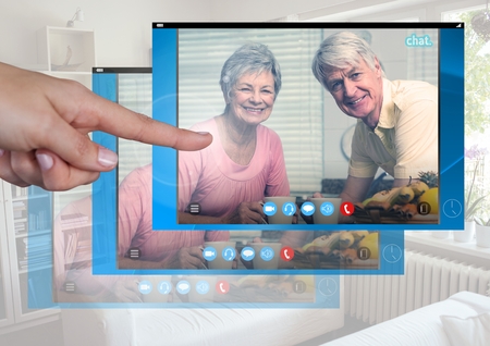 Digital composite of Hand touching Social Video Chat App Interface