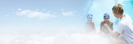 Digital composite of Swimming trainer with children at Swimming pool with transitionの写真素材