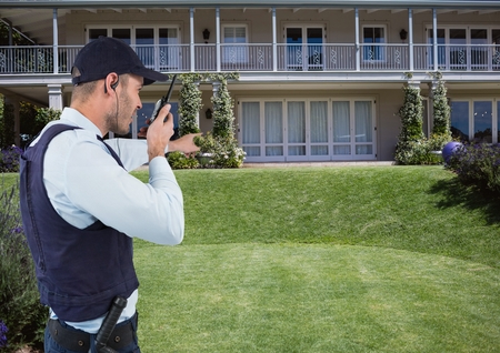 Digital composite of Security guard talking on radio while pointing at house