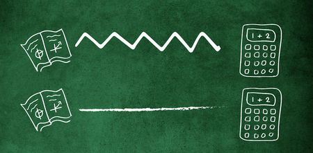 Digital composite image of connecting pie charts and graphs against close-up of blackboardの写真素材