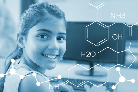 Composite image of chemical structure against portrait of cute girl in computer class