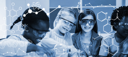 Illustration of chemical formulas against kids doing a chemical experiment in laboratoryの写真素材