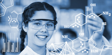 Chemical structure against white background against portrait of schoolgirl doing a chemical...