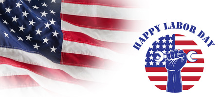 Happy labor day text over cropped hand holding tools against full frame of wrinkled american flagの写真素材