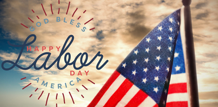 Composite image of happy labor day and god bless America text against cloudy sky over countryside