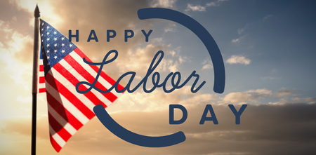 Digital composite image of happy labor day text with blue outline against cloudy sky landscapeの写真素材