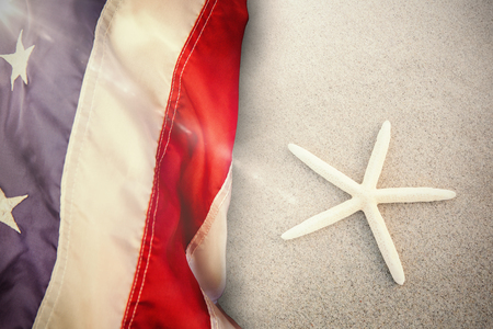 Flare against starfish kept on sandの写真素材