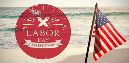 Illustration of labor day celebration against scenic view of oceanの写真素材