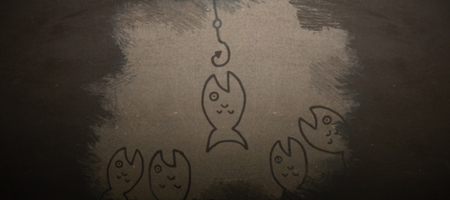 Illustrative image of fish and hook against blackboard