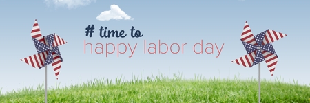 Digital composite of Happy labor day text and USA wind catchers in front of grass and skyの写真素材