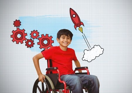 Digital composite of Disabled boy in wheelchair with rocket cogs graphicsの写真素材