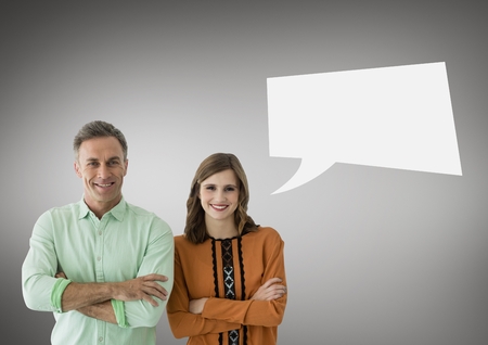 Digital composite of Couple with speech bubble against grey background