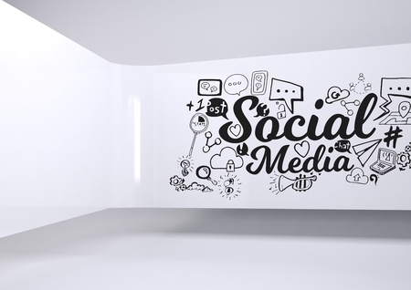 Digital composite of Social Media conceptual graphic on 3D room wallの写真素材