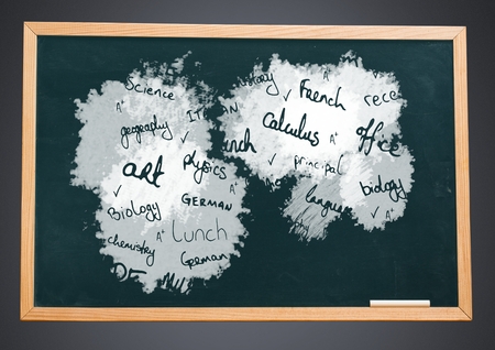 Digital composite of school subjects on blackboardの写真素材