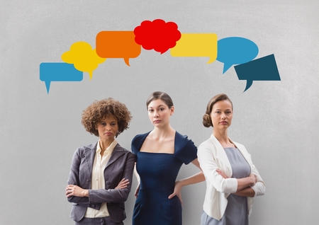 Digital composite of Business women with speech bubble against grey backgroundの写真素材