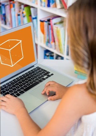 Digital composite of Girl using a computer with school icon on screenの写真素材