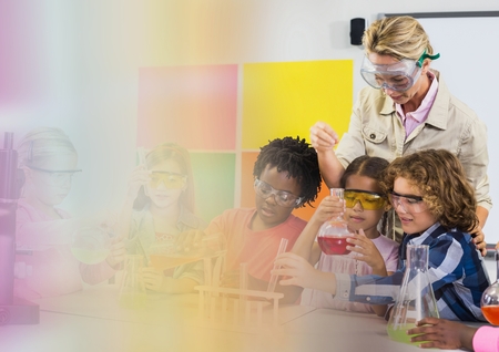 Digital composite of Science school teacher with class