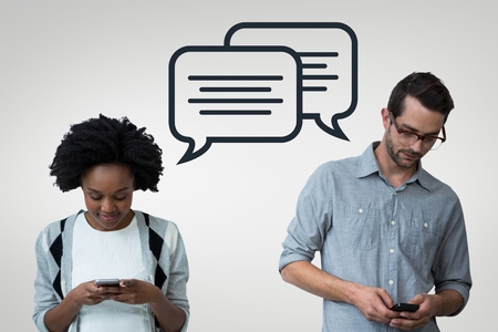Digital composite of Business people with speech bubbles looking at the phone against grey...