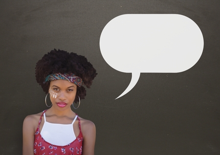 Digital composite of Woman with speech bubble against grey backgroundの写真素材