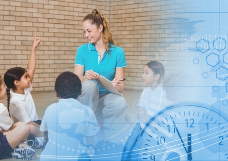 Digital composite of Physical education teacher with class