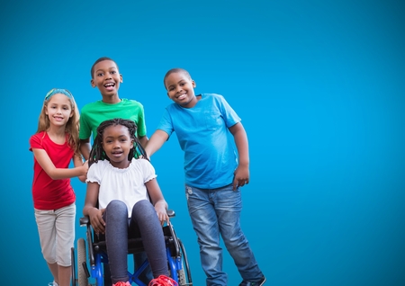 Digital composite of Disabled girl in wheelchair with friends and blue backgroundの写真素材