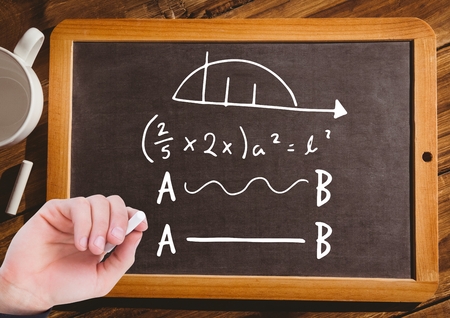 Digital composite of Hand writing math equations on blackboard with chalkの写真素材