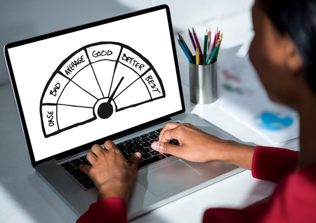 Digital composite of Survey graphics on laptop in handの写真素材