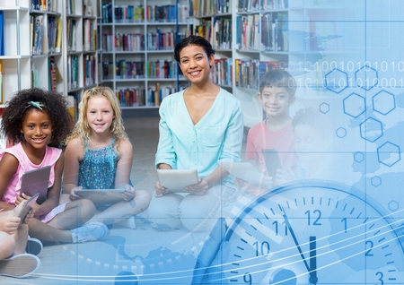 Digital composite of Elementary school teacher with classの写真素材