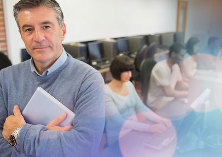 Digital composite of University teacher with class