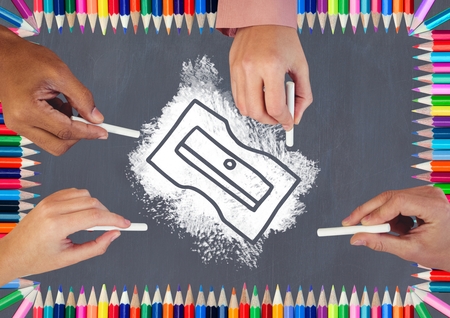 Digital composite of Hands writing equations on blackboard