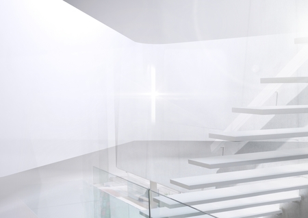 Digital composite of Man holding and interacting with virtual reality headset with transition effectの写真素材