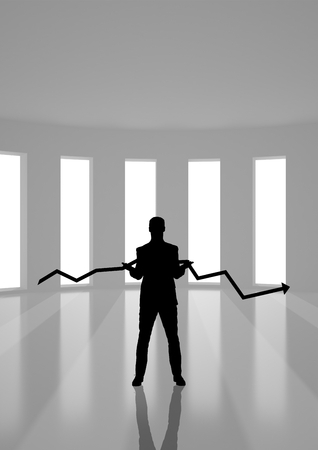 Digital composite of Business man holding an arrow silhouette against buildingの写真素材