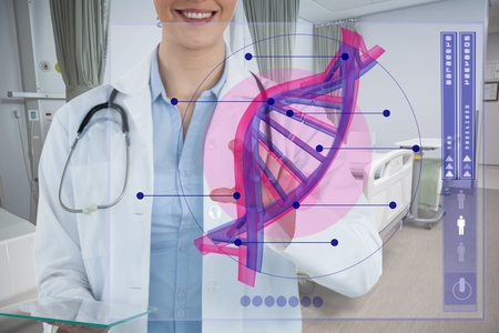 Digital composite of Doctor woman interacting with DNA interface