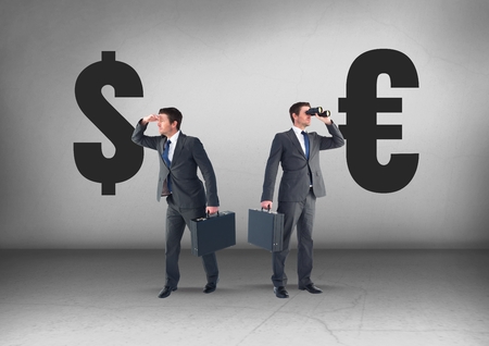 Digital composite of Dollar or Euro with Businessman looking in opposite directionsの写真素材