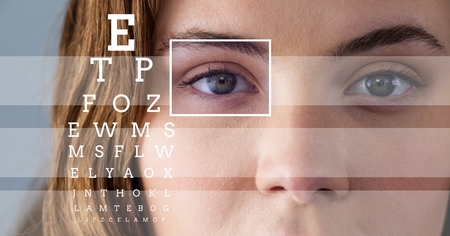 Digital composite of Woman with eye focus box detail and lines and Eye test interfaceの写真素材