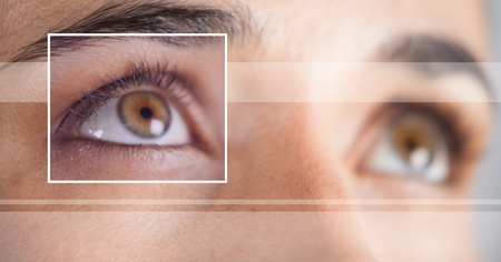 Digital composite of woman with eye focus box detail and linesの写真素材