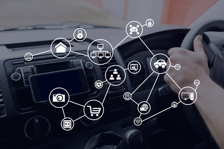 Digital composite of Interface against person in the car