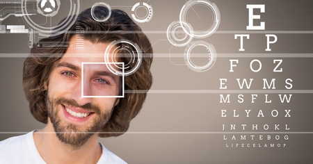 Digital composite of man with eye focus box detail and lines and Eye test interface