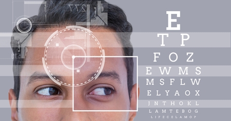 Digital composite of man with eye focus box detail and lines and Eye test interface