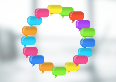 Digital composite of Group of Shiny chat bubbles floating in room