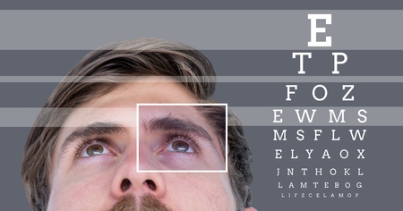 Digital composite of man with eye focus box detail and lines and Eye test interface
