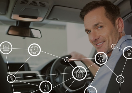 Digital composite of Connection interface against man in the car