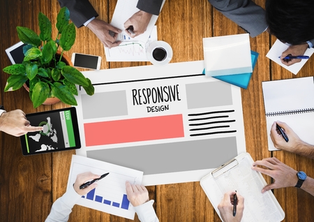 Digital composite of Table top meeting with web graphicsの写真素材