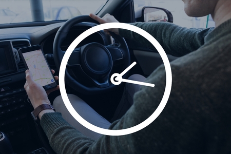 Digital composite of Clock icon against man in the car